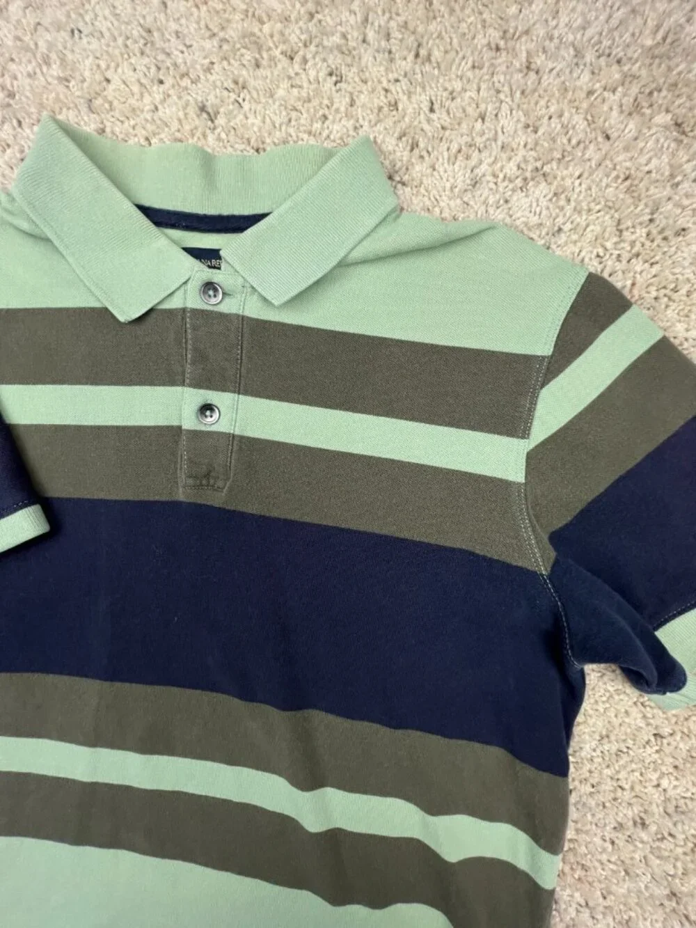 Banana Republic Polo Shirt Mens Medium Green Brown Striped Short Sleeve Casual